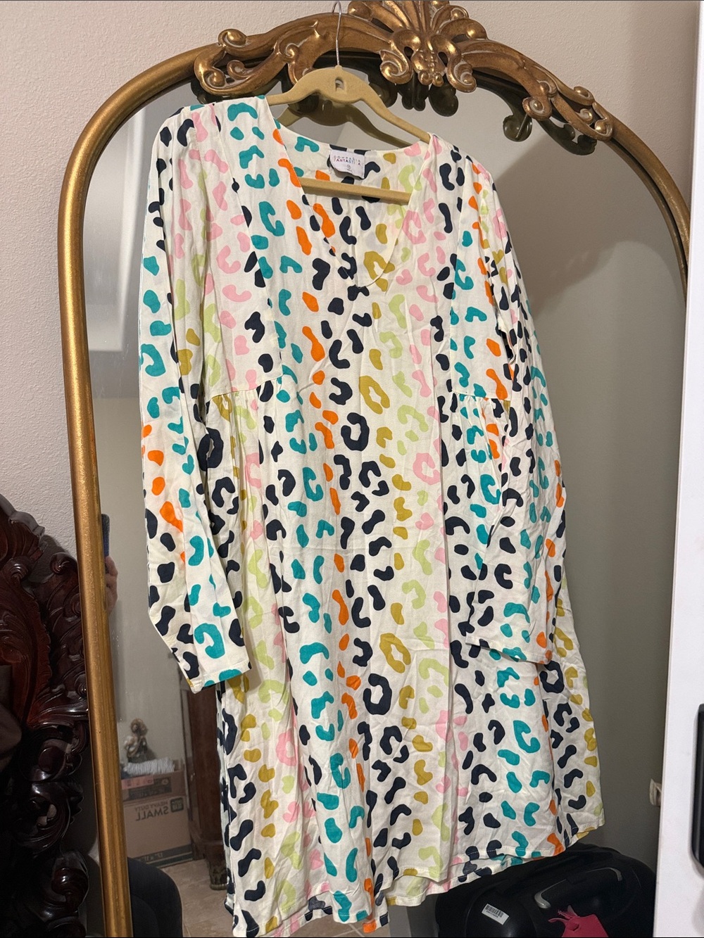 Leopard Print Tiered Mini Dress in White with Multicolor Spots